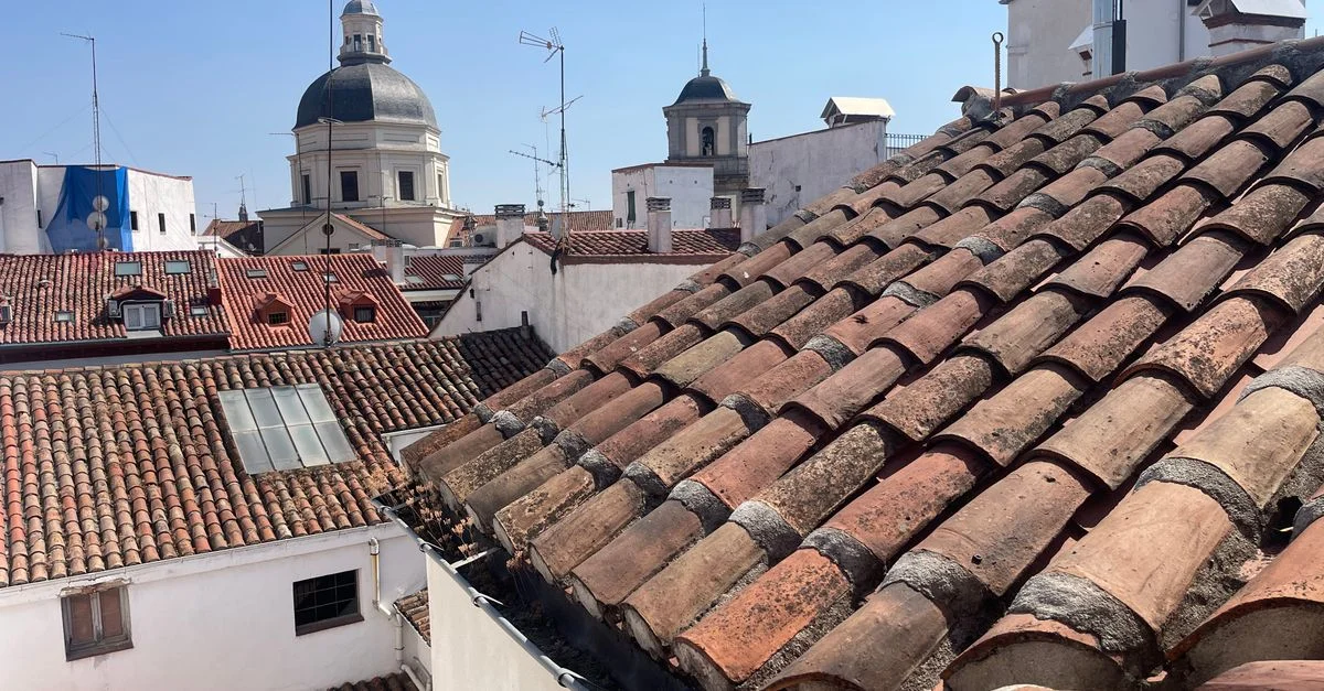 Cautivadora vista de los tejados tradicionales y la arquitectura histórica de Madrid bajo un cielo azul claro.