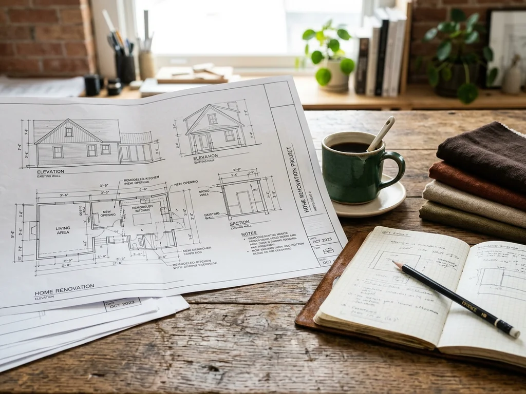 Escritorio de madera con planos de reforma y cuaderno para iniciar un proyecto de vivienda.