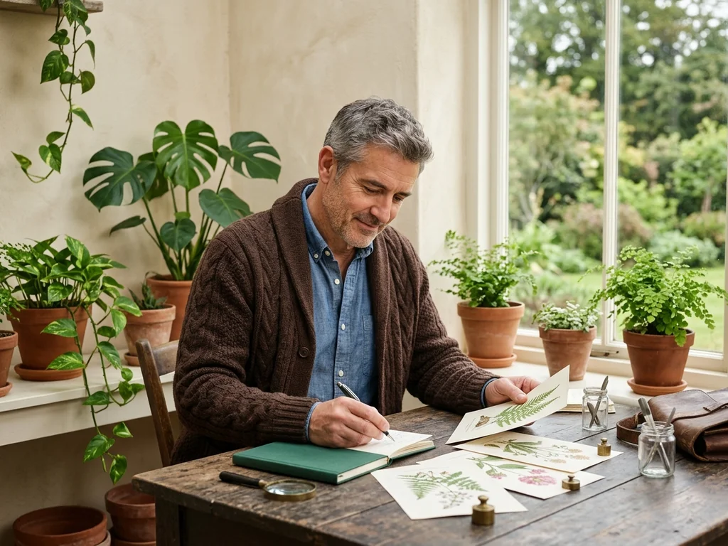 Retrato de Nicolas Périer, experto redactor de jardinería revisando bocetos botánicos en su estudio.