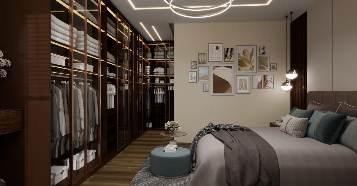 Dormitorio moderno y elegante con vestidor y decoración sofisticada.