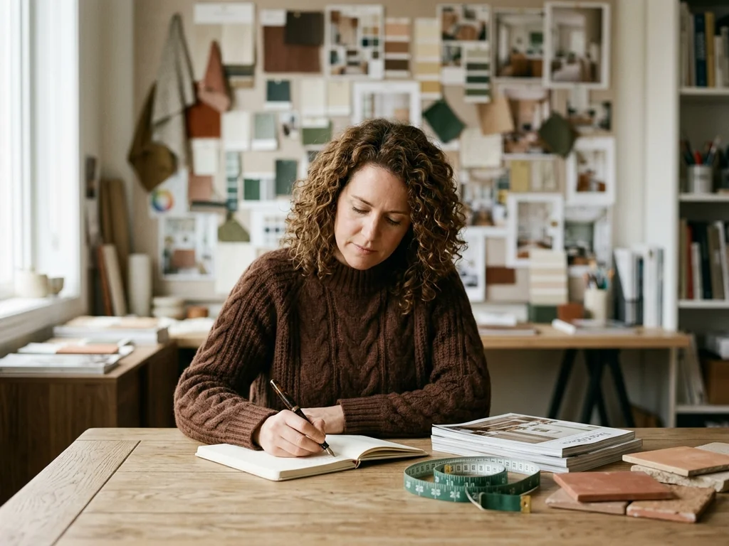Redactora tomando notas junto a herramientas y muestras de materiales para el contenido de Maison.