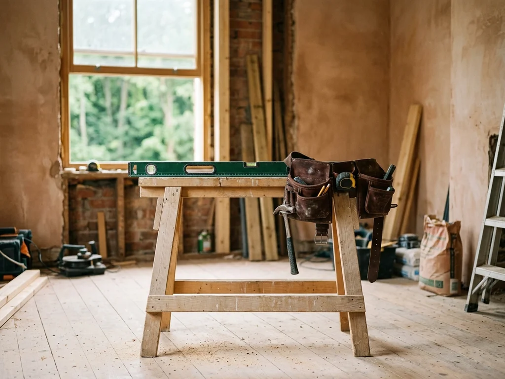 Interior cálido de una casa en obras con herramientas y luz natural por la ventana